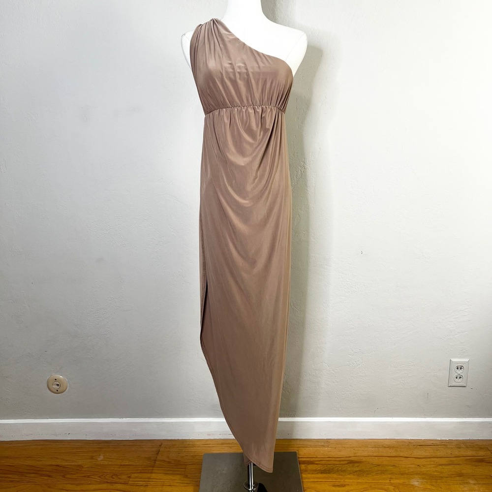 CLUB‎ L LONDON One Shoulder Ruched Maxi Dress Tan Brown Asymmetrical Size 4 US